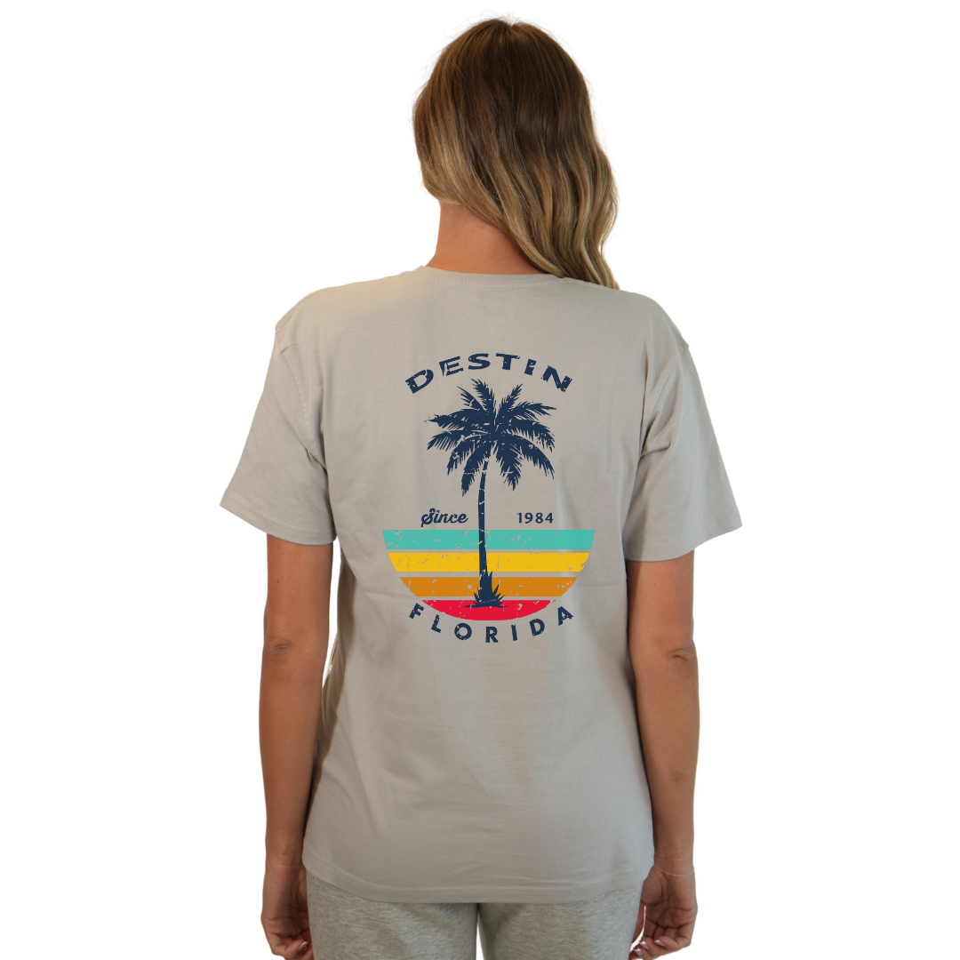 Destin Palm Tree/ Stripes Combed/Cotton Women T-Shirt Style Cc1000