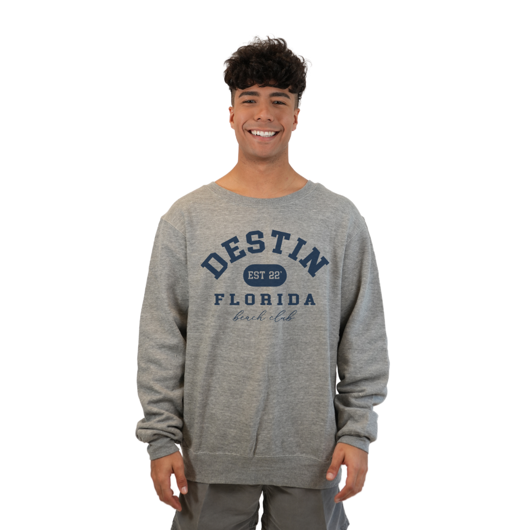 Destin Fl. Fleece Crewneck Sweatshirt Men with a Front Destin Est 22 Florida Beach Club Design Style 067 SWEATSHIRT alvinsisland.com Hea. grey S