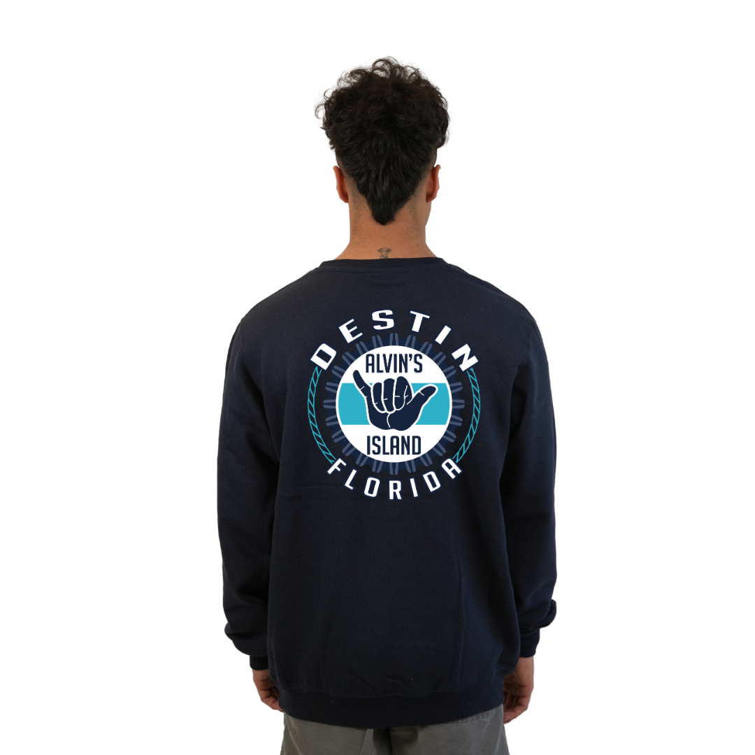 Destin Florida Fleece Crewneck Sweatshirt Men with Alvin's Island Hang Loose Front and Back Design Style 067