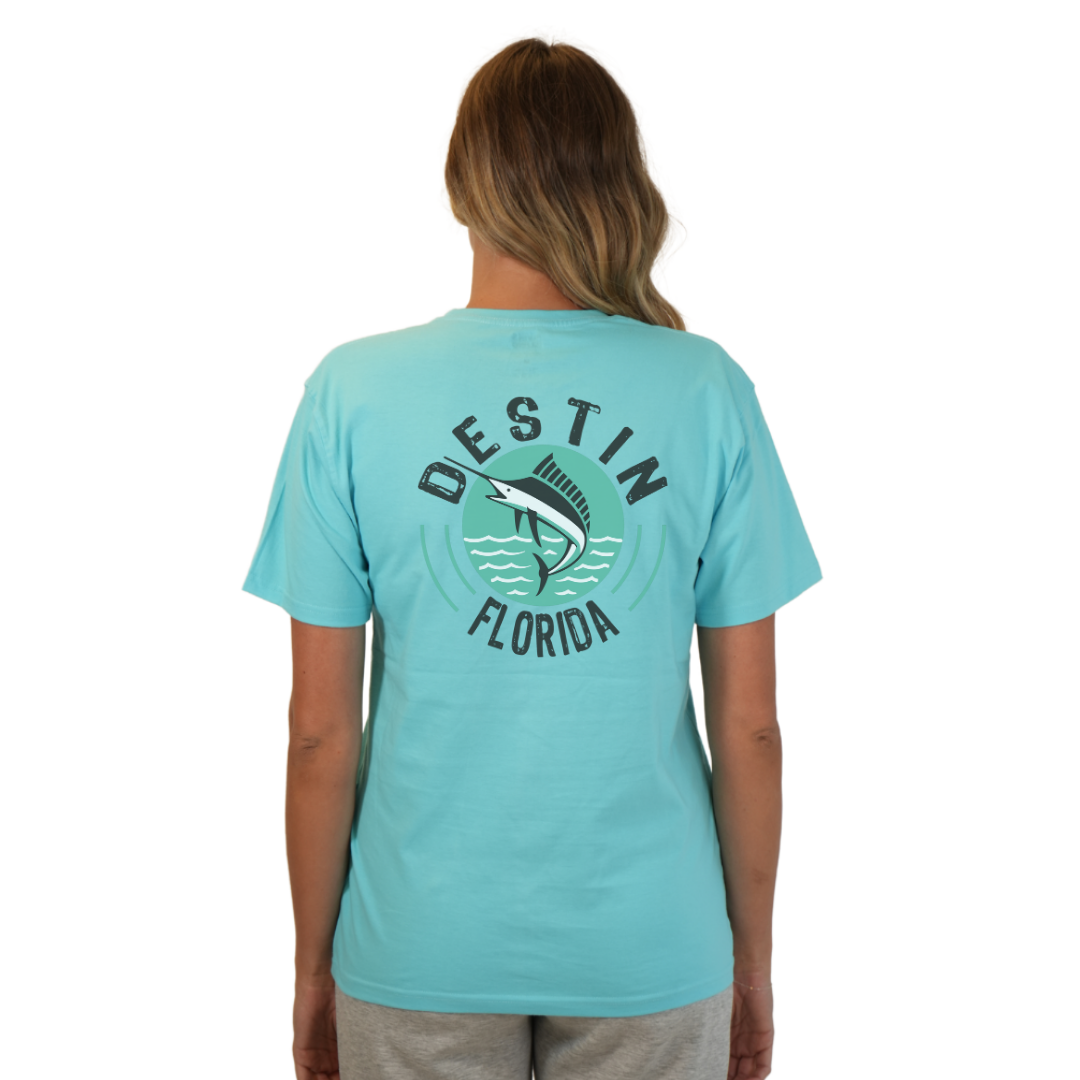 Destin Florida Combed Cotton Women T-Shirt with a Front Pocket Design and back big Marlin Design Style CC1000 T-SHIRT alvinsisland.com
