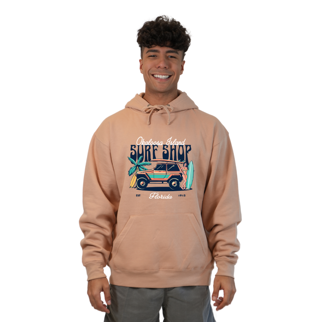 Okaloosa Island Hoodie Men with Surf Shop Front Design Style 252