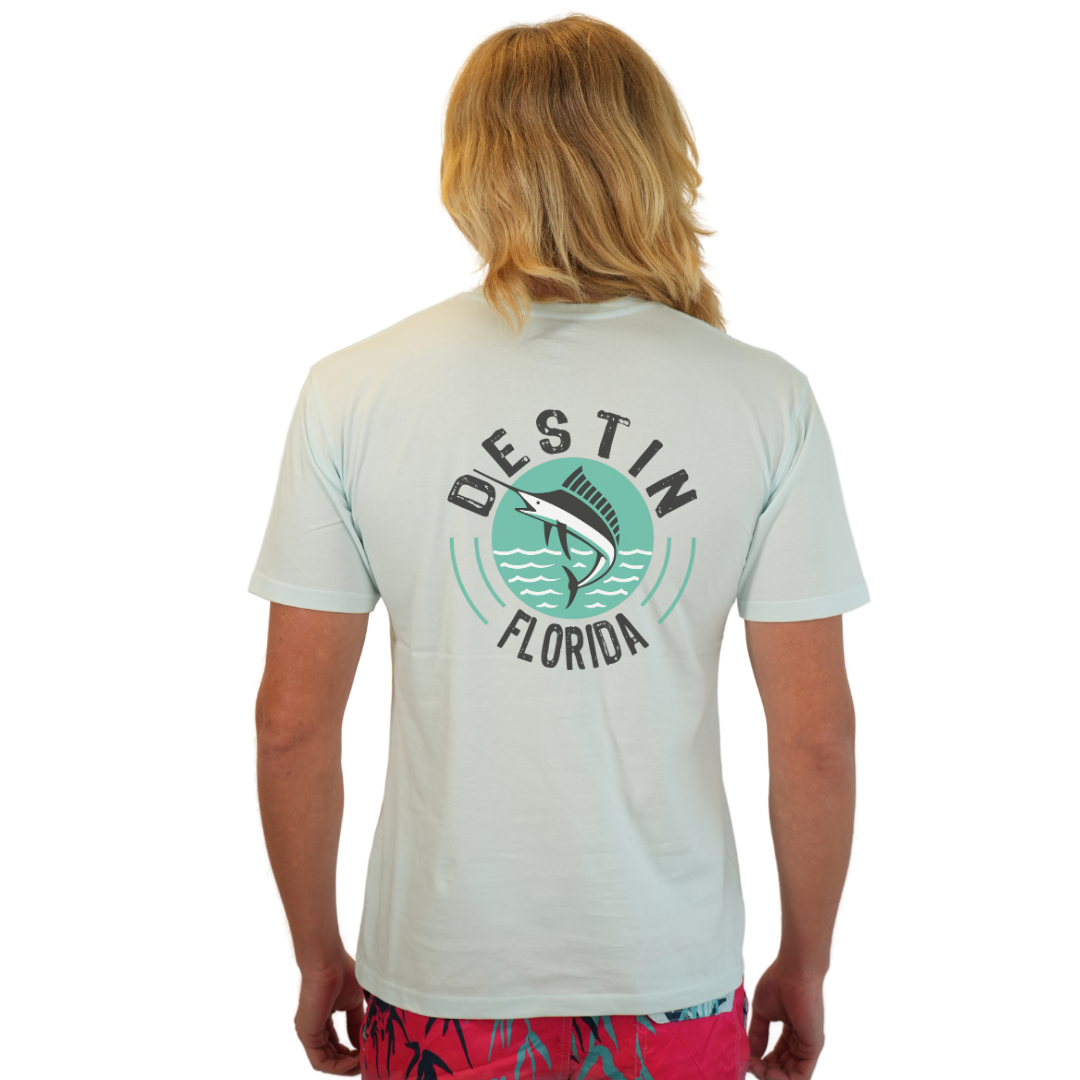 Destin Florida Combed Cotton Men T-Shirt with a Front Pocket Design and back big Marlin Design Style CC1000