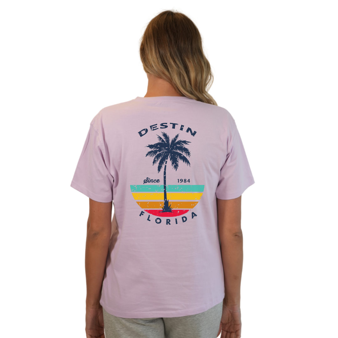 Destin Palm Tree/ Stripes Combed/Cotton Women T-Shirt Style Cc1000