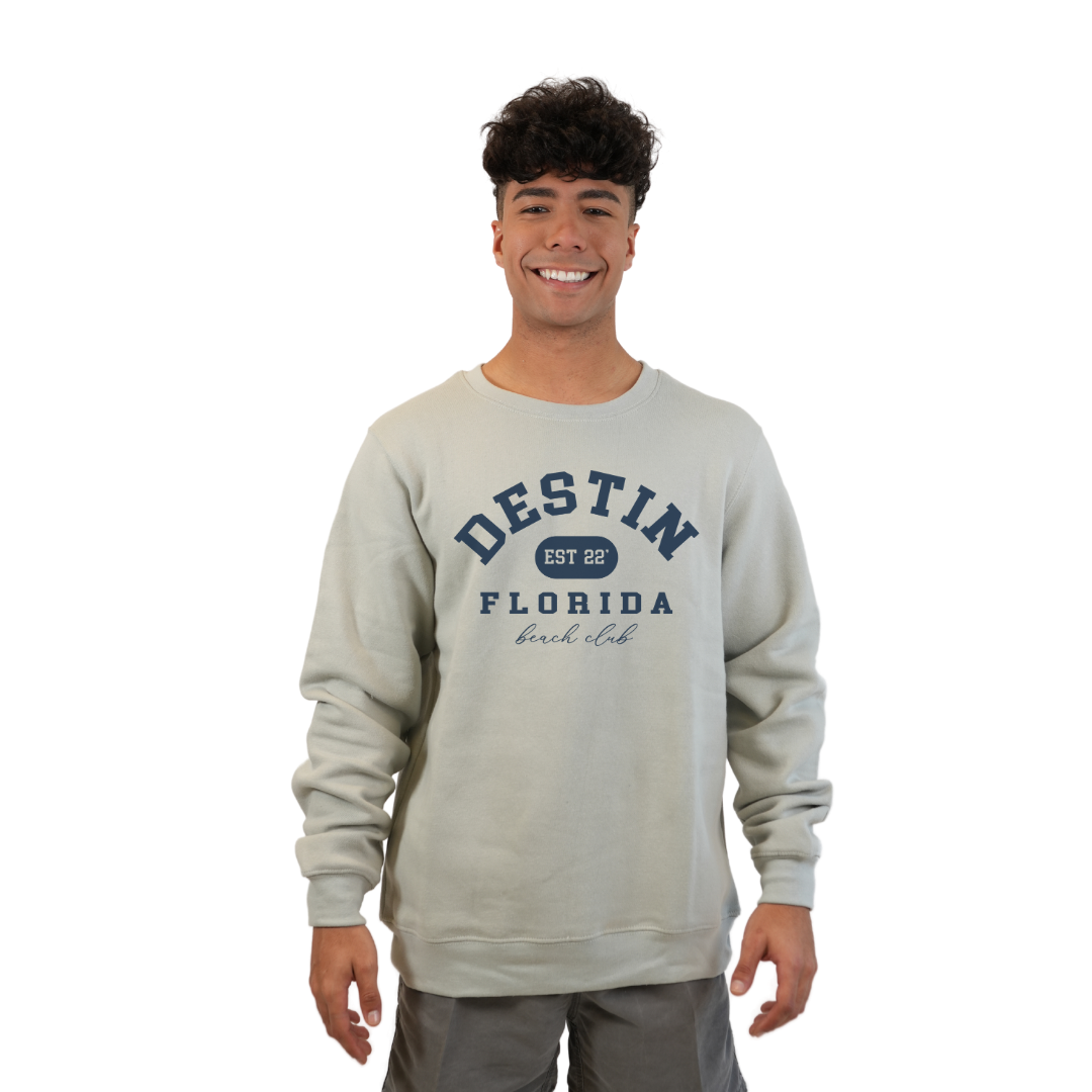 Destin Fl. Fleece Crewneck Sweatshirt Men with a Front Destin Est 22 Florida Beach Club Design Style 067 SWEATSHIRT alvinsisland.com Silver S
