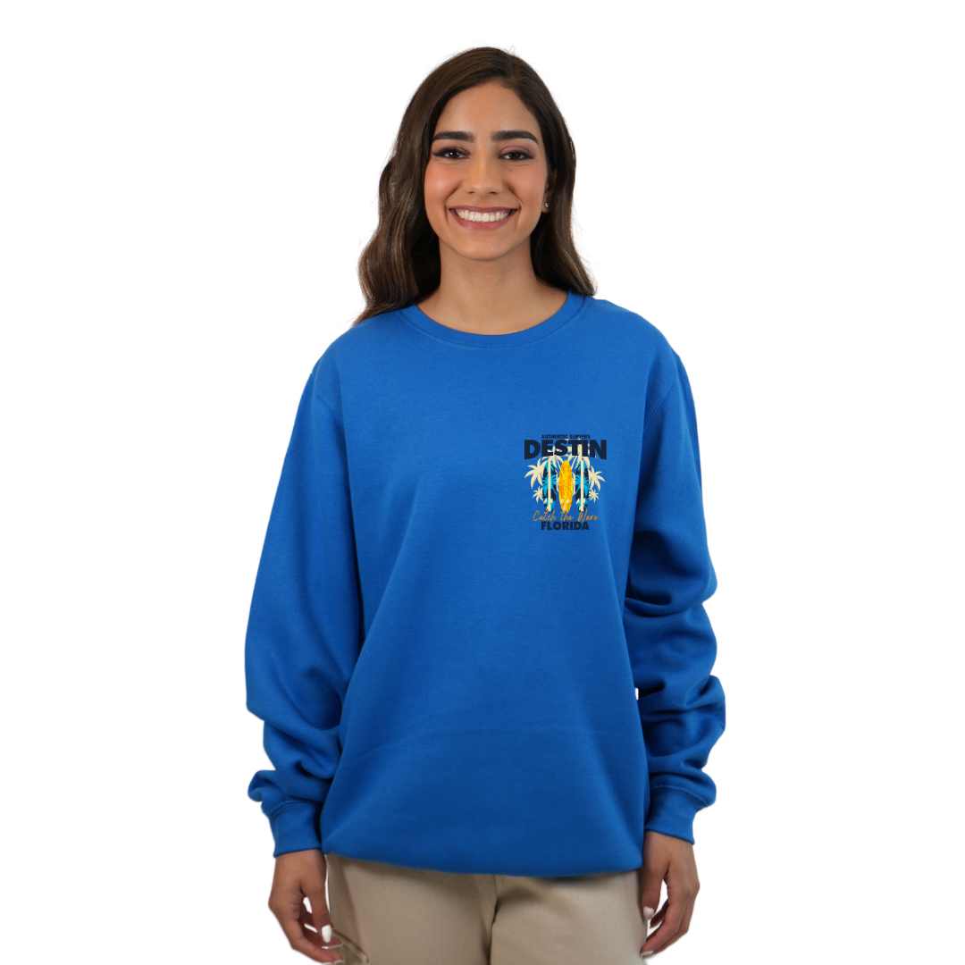 Destin Fl. Fleece Crewneck Sweatshirt Women with a Front Pocket Design and back big 3 Surf Boards Design Style 067