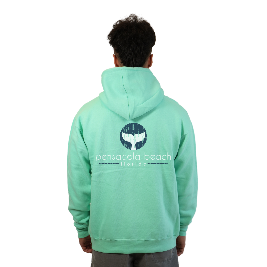 Pensacola Beach Pullover Hoodie Men with front Whale Tale pocket design and back big Whale Tale Design Style 252