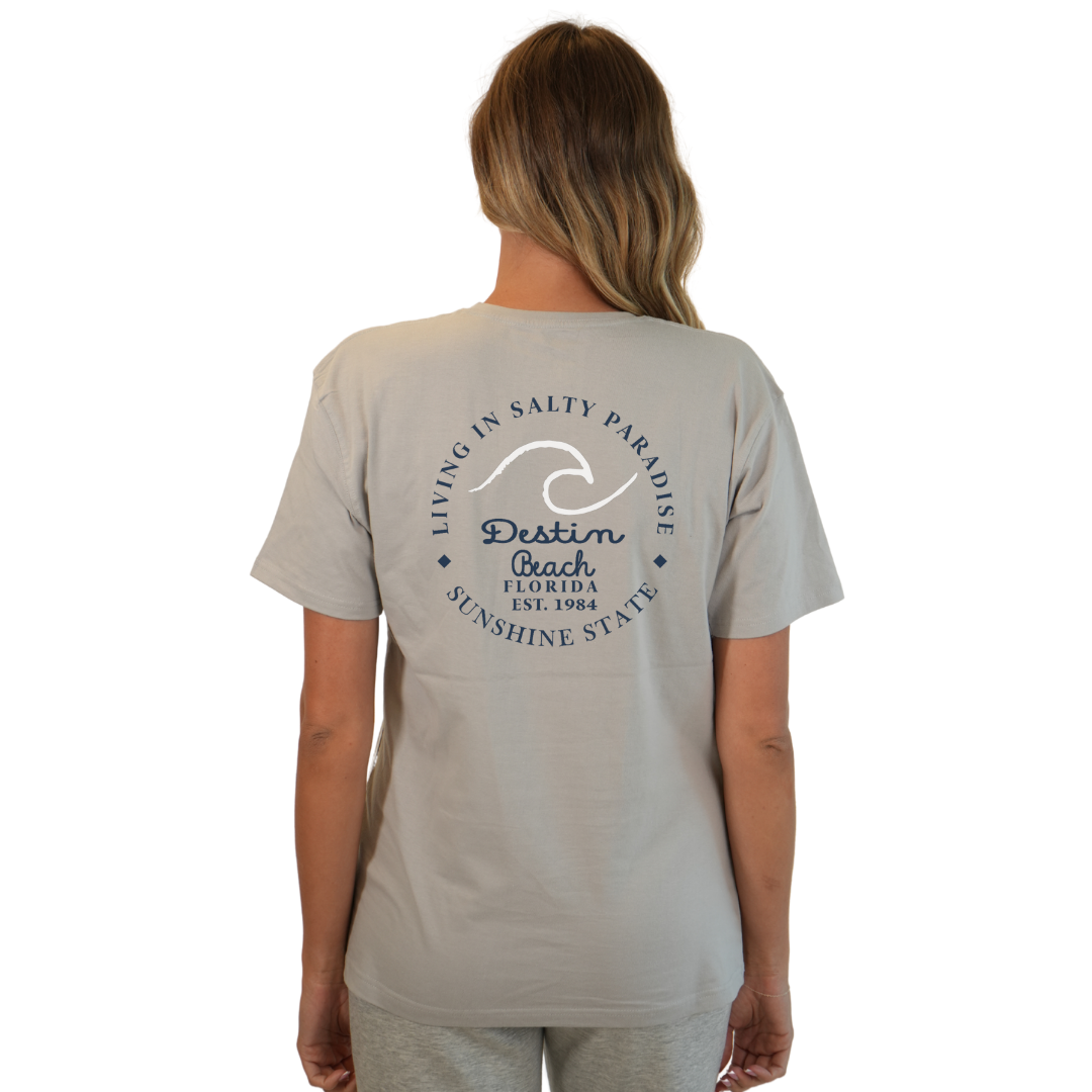 Destin Florida Combed Cotton Women T-Shirt with a Front Pocket Design and back "Living in Salty Paradise" Design Style CC1000