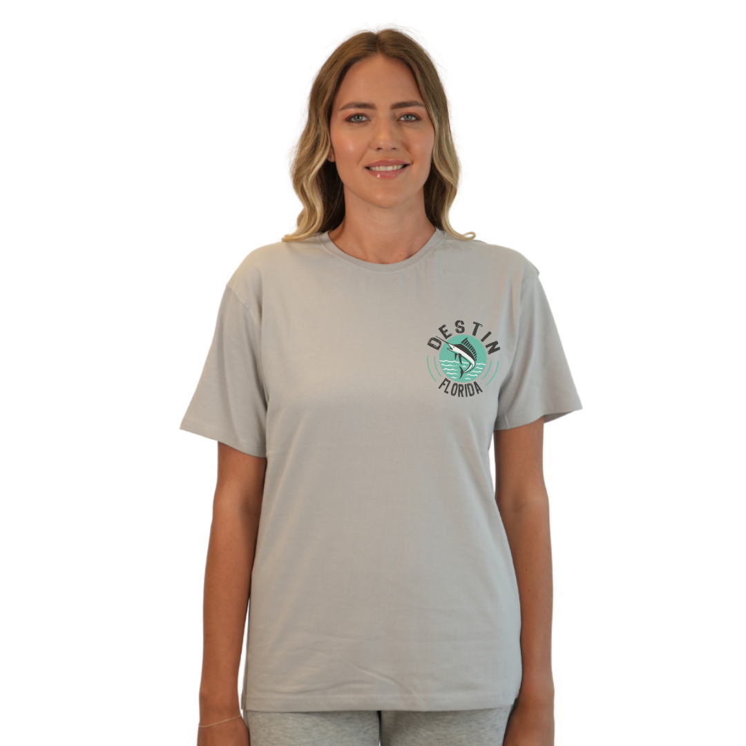 Destin Florida Combed Cotton Women T-Shirt with a Front Pocket Design and back big Marlin Design Style CC1000 T-SHIRT alvinsisland.com SMALL SILVER