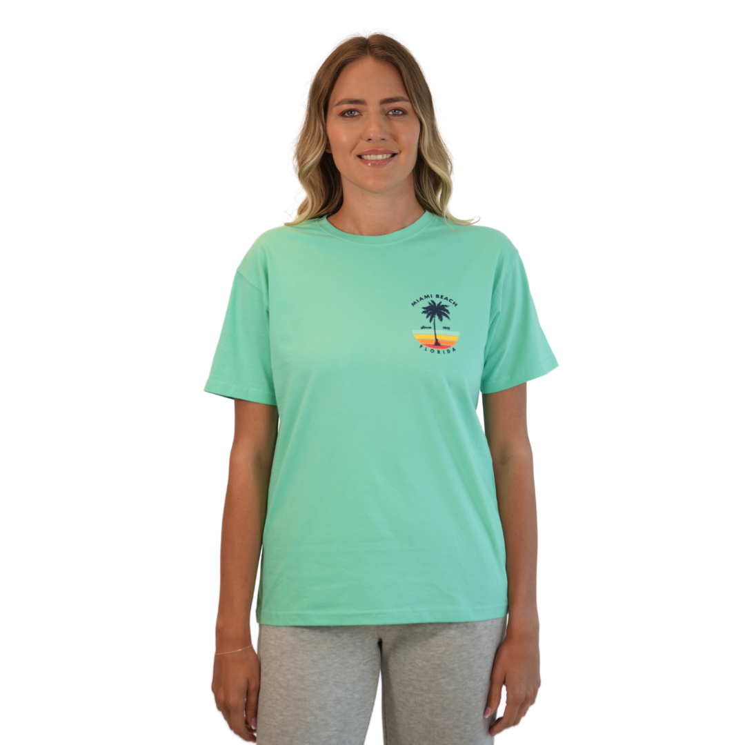 Miami Palm Tree/ Stripes Combed/Cotton Women Mint T-Shirt Style Cc1000