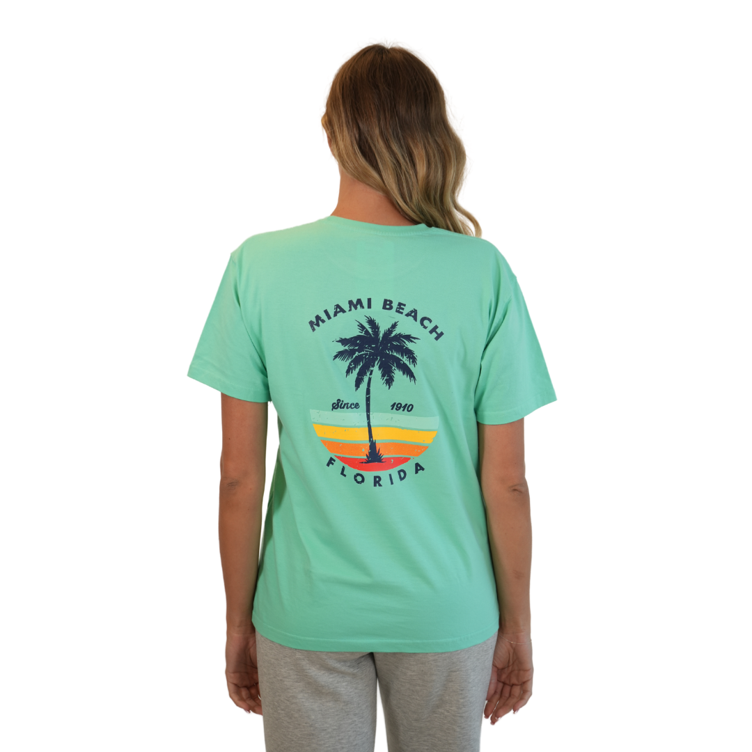 Miami Palm Tree/ Stripes Combed/Cotton Women Mint T-Shirt Style Cc1000