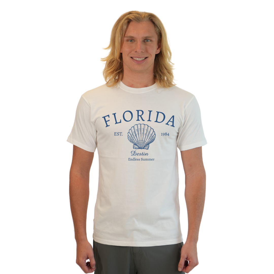 Destin Combed Cotton Men T-Shirt with a Front Florida Shell Endless Summer Design Style CC1000 T-SHIRT alvinsisland.com S WHITE