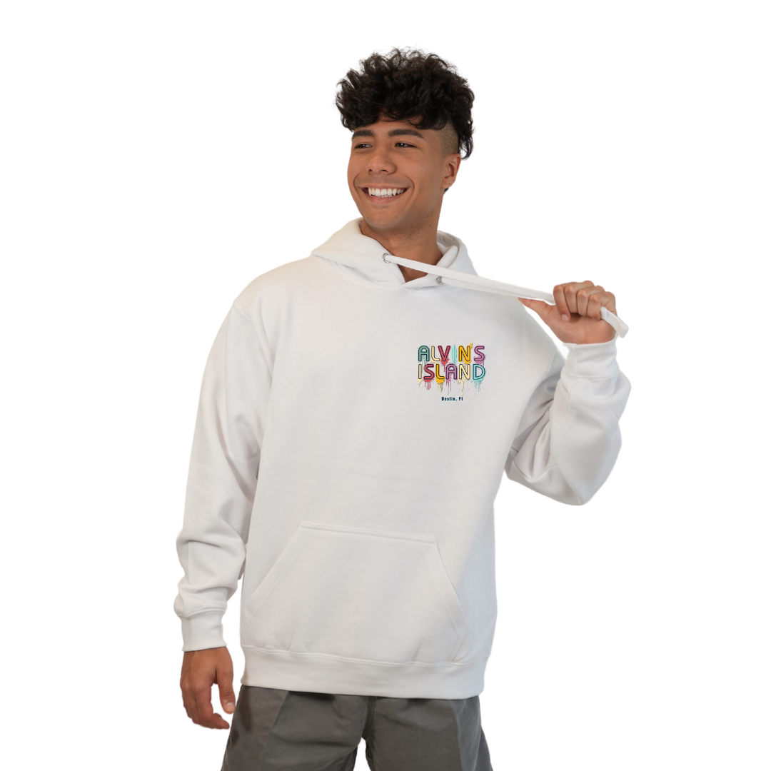 Destin Florida Pullover Hoodie Men with Alvin's Island Drip Panting front and back Design Style 252 HOODIES alvinsisland.com White S