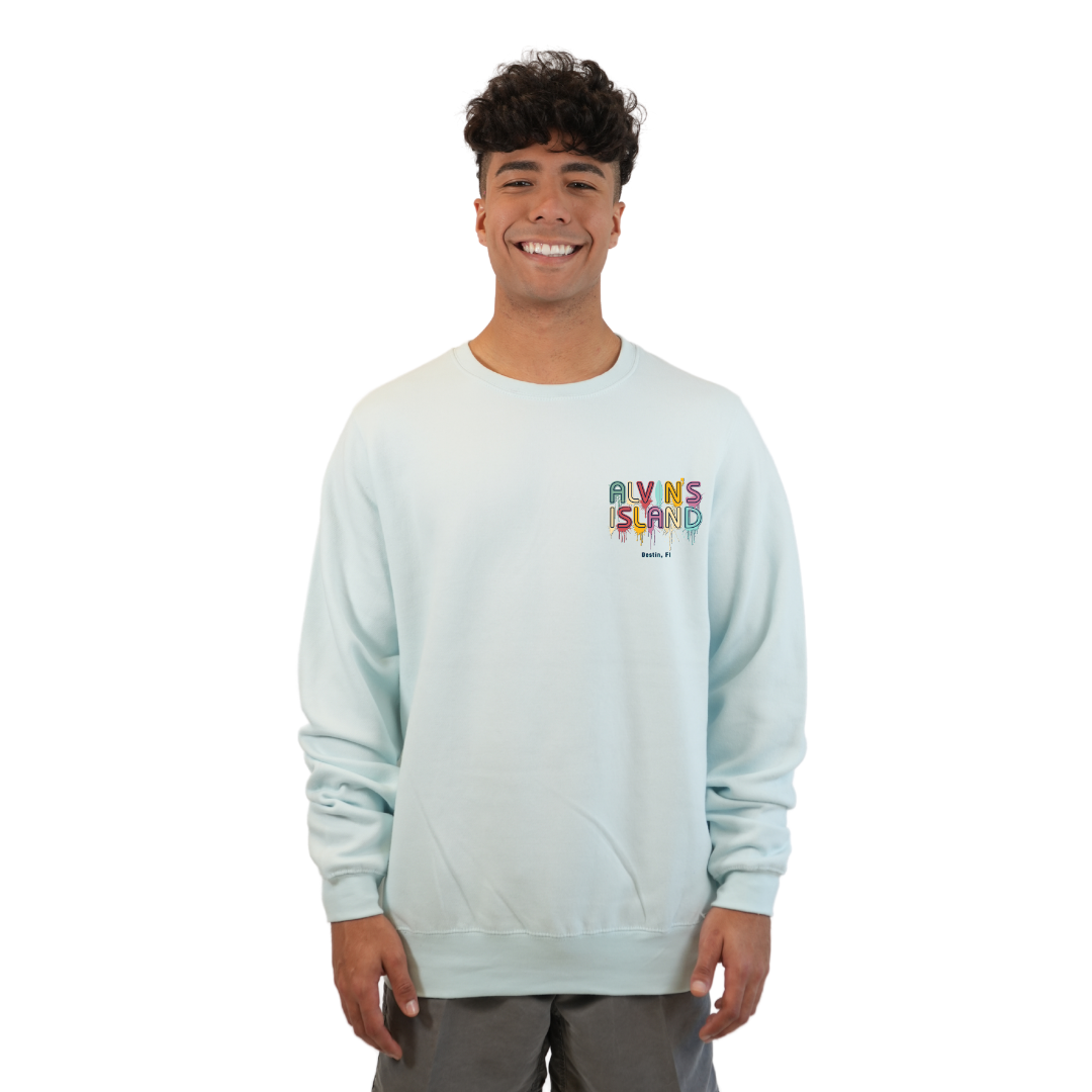 Destin Florida Fleece Crewneck Sweatshirt Men with a Alvin's Island Drip Panting Design Style 067 SWEATSHIRT alvinsisland.com Pool day S