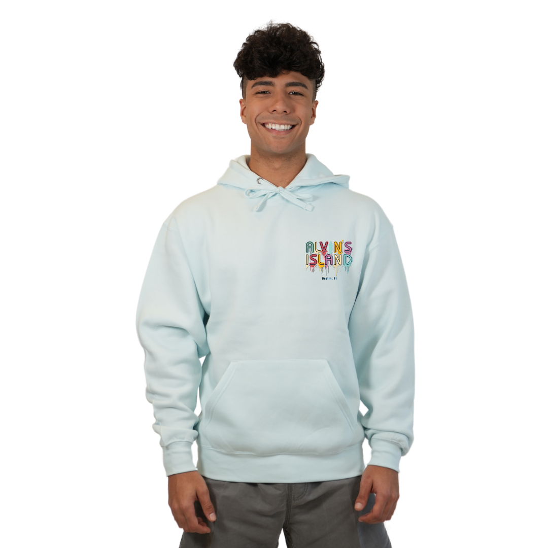 Destin Florida Pullover Hoodie Men with Alvin's Island Drip Panting front and back Design Style 252 HOODIES alvinsisland.com Pool day S