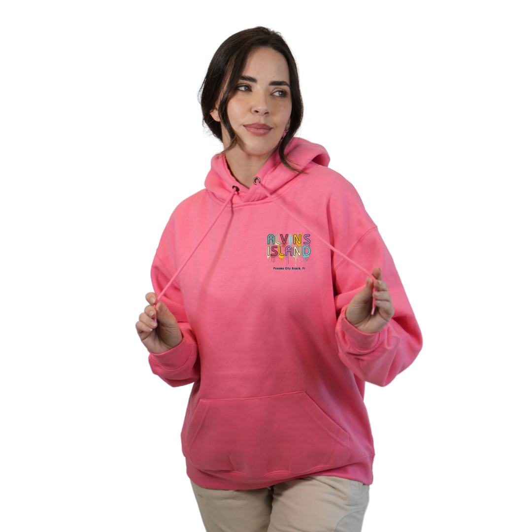 Panama City Florida Pullover Hoodie Women with Alvin's Island Drip Panting front and back Design Style 252 HOODIES alvinsisland.com Flamingo pink S
