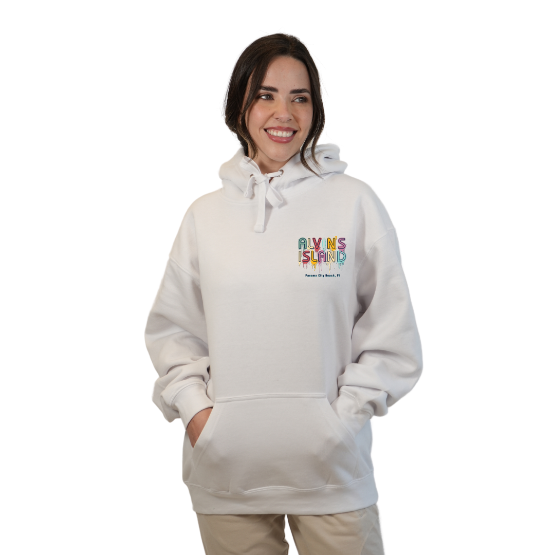 Panama City Florida Pullover Hoodie Women with Alvin's Island Drip Panting front and back Design Style 252 HOODIES alvinsisland.com White S