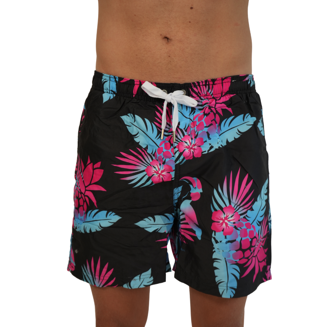 Mens Swim Trunks Hibiscus Black Style Sm-0418