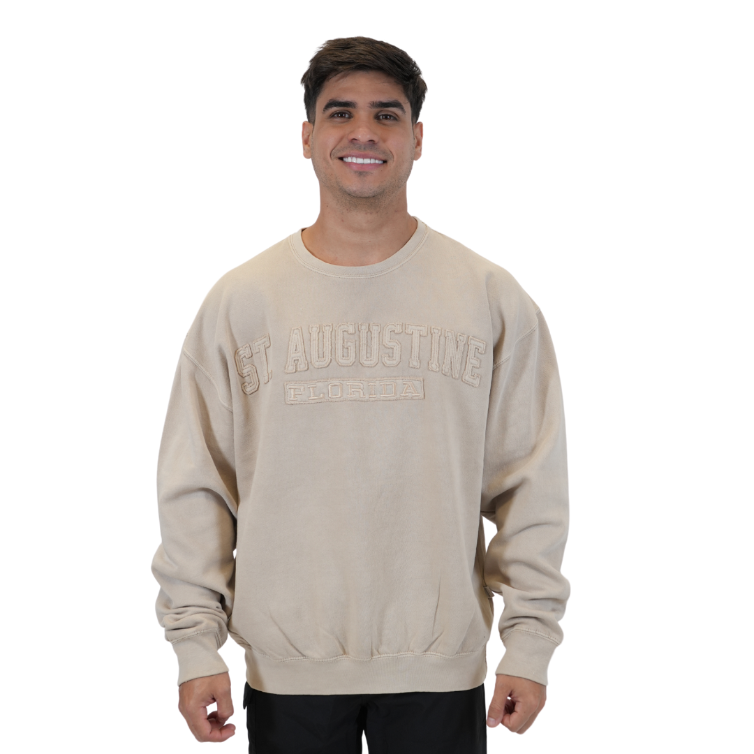 St. Augustine Fl, Garment Dye Crewneck W/ City Name Applique Style AP350 crewneck alvinsisland.com Sand L