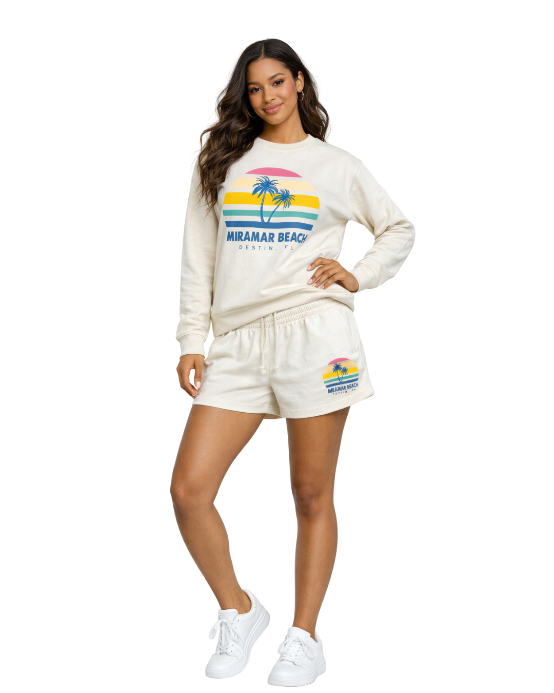 Miramar Beach, Palm Trees / Stripes Crewneck and Short Set (Two Piece) Clothing alvinsisland.com Oyster S