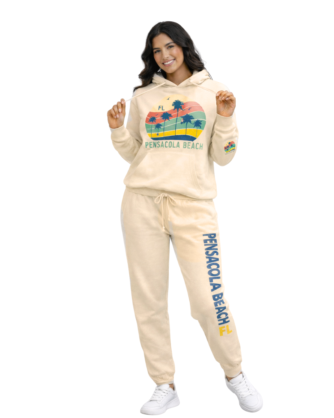 Pensacola Beach Palm Tree/ Stripes (Hoodie& Pants) Set (Two Piece) Clothing alvinsisland.com Oyster S