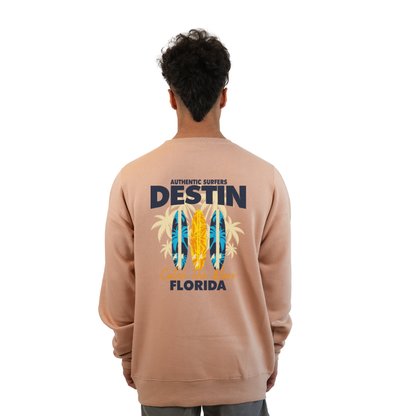 Destin Fl. Fleece Crewneck Sweatshirt Men with a Front Pocket Design and back big 3 Surf Boards Design Style 067