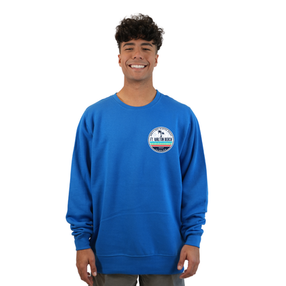 Ft. Walton Beach Fleece Crewneck Sweatshirt Men  a Front Pocket and back big circle 2 Palm Trees 1915 Design Style 067