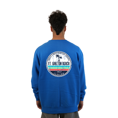 Ft. Walton Beach Fleece Crewneck Sweatshirt Men  a Front Pocket and back big circle 2 Palm Trees 1915 Design Style 067