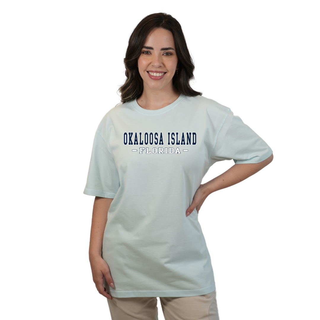 Okaloosa Island T-Shirt  Combed Cotton Women  with Navy City Name Front Design Style CC1000