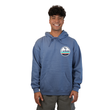 Ft. Walton Beach Pullover Hoodie Men with a a Front Pocket and back big circle 2 Palm Trees 1915 Design Style 252