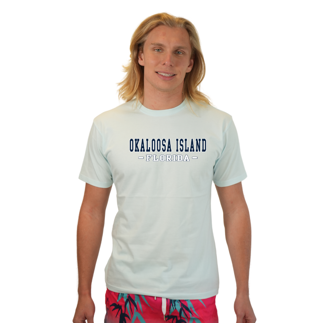 Okaloosa Island T-Shirt  Combed Cotton Men  with Navy City Name Front Design Style CC1000