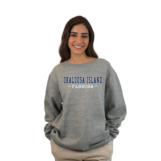 Okaloosa Island Fleece Crewneck Sweatshirt Women with Navy City Name Design Style 067 SWEATSHIRT alvinsisland.com Hea. grey S