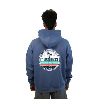 Ft. Walton Beach Pullover Hoodie Men with a a Front Pocket and back big circle 2 Palm Trees 1915 Design Style 252