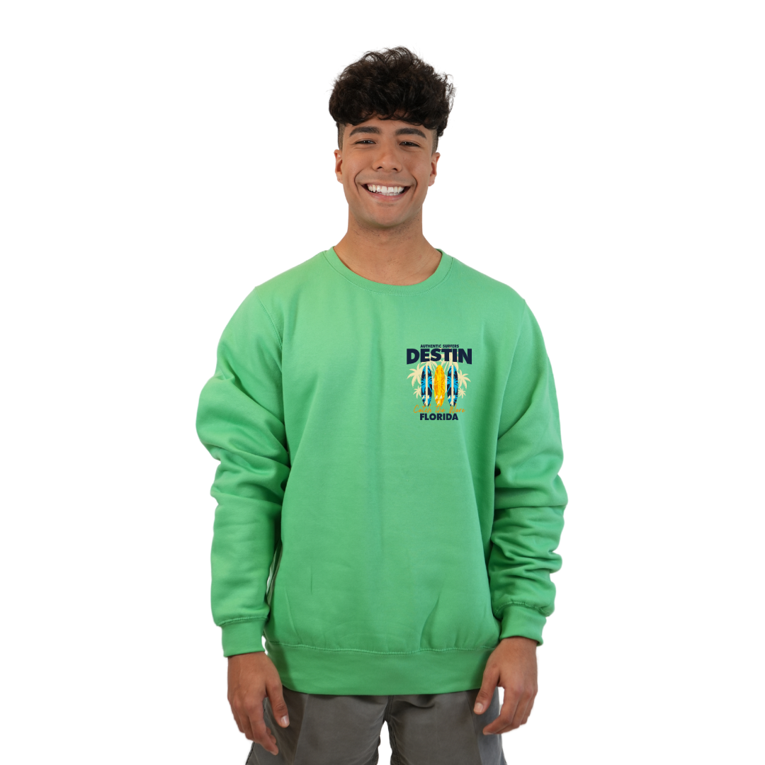 Destin Fl. Fleece Crewneck Sweatshirt Men with a Front Pocket Design and back big 3 Surf Boards Design Style 067