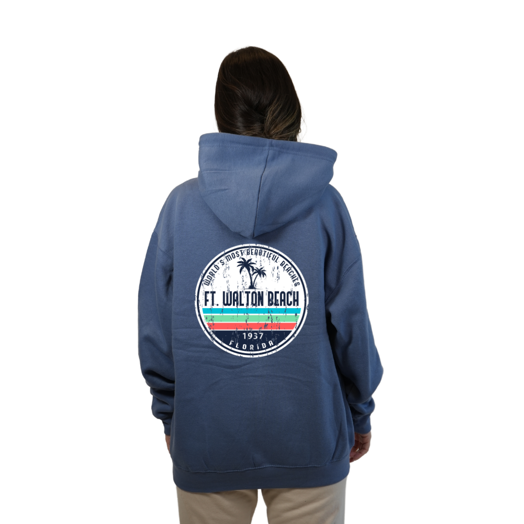 Ft. Walton Beach Pullover Hoodie Women with a a Front Pocket and back big circle 2 Palm Trees 1915 Design Style 252