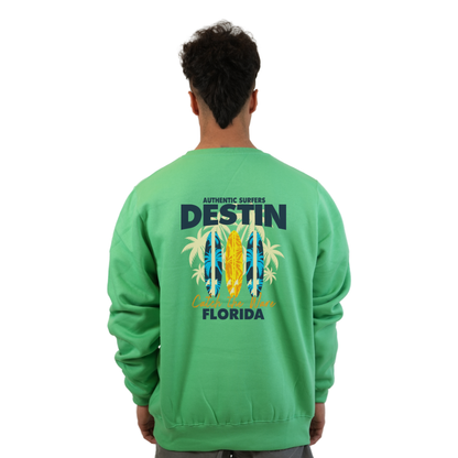 Destin Fl. Fleece Crewneck Sweatshirt Men with a Front Pocket Design and back big 3 Surf Boards Design Style 067