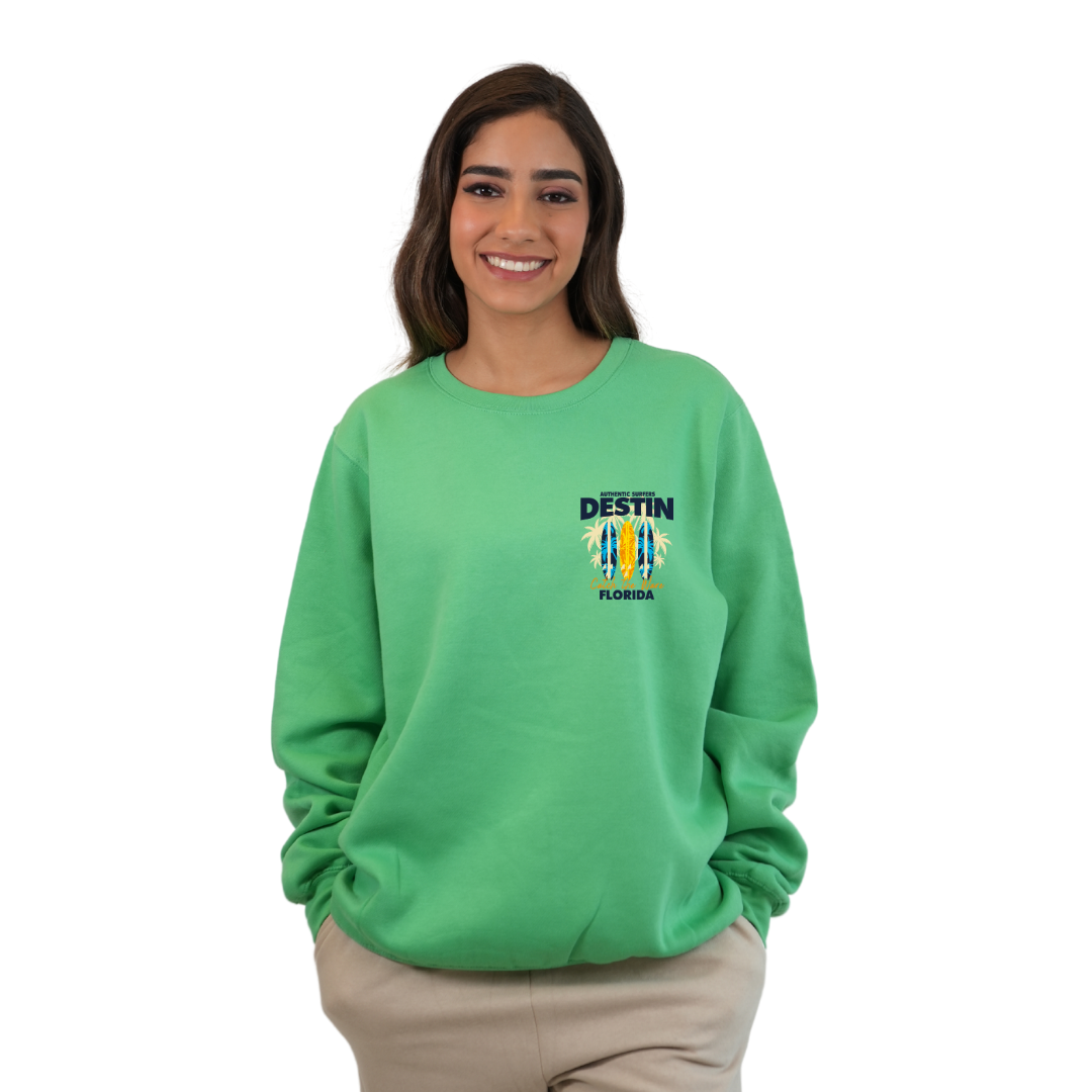 Destin Fl. Fleece Crewneck Sweatshirt Women with a Front Pocket Design and back big 3 Surf Boards Design Style 067