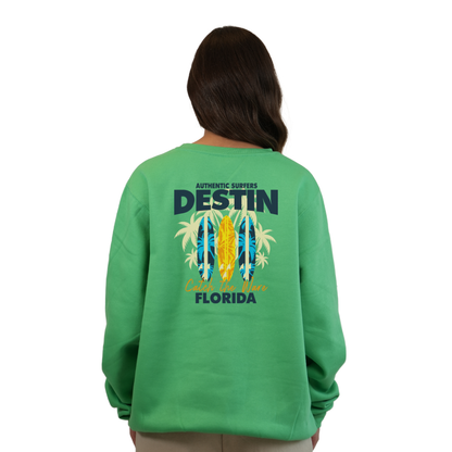 Destin Fl. Fleece Crewneck Sweatshirt Women with a Front Pocket Design and back big 3 Surf Boards Design Style 067