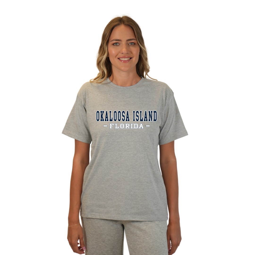 Okaloosa Island T-Shirt  Combed Cotton Women  with Navy City Name Front Design Style CC1000