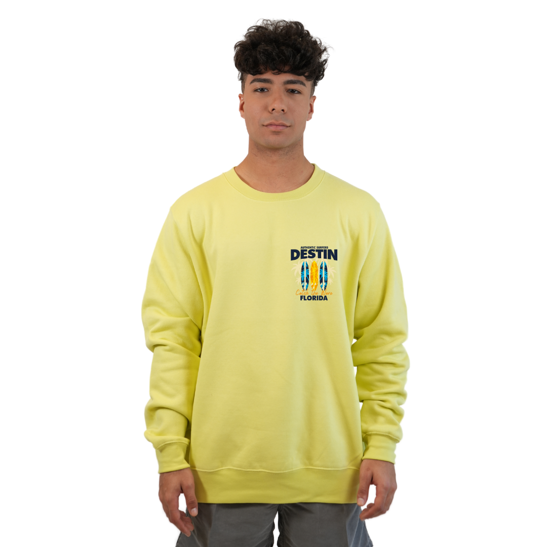 Destin Fl. Fleece Crewneck Sweatshirt Men with a Front Pocket Design and back big 3 Surf Boards Design Style 067