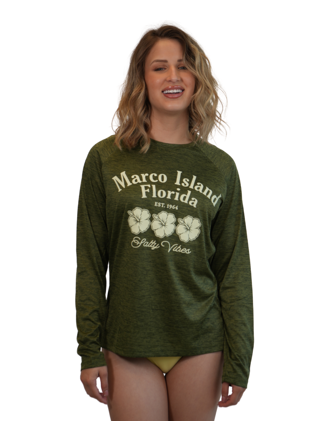 Marco Island, Fl 3 Hibiscus Ladies Long Sleeve Dry Fit 30upf Sun Protection Style 15750 LONG SLEEVE TEE alvinsisland.com Green S