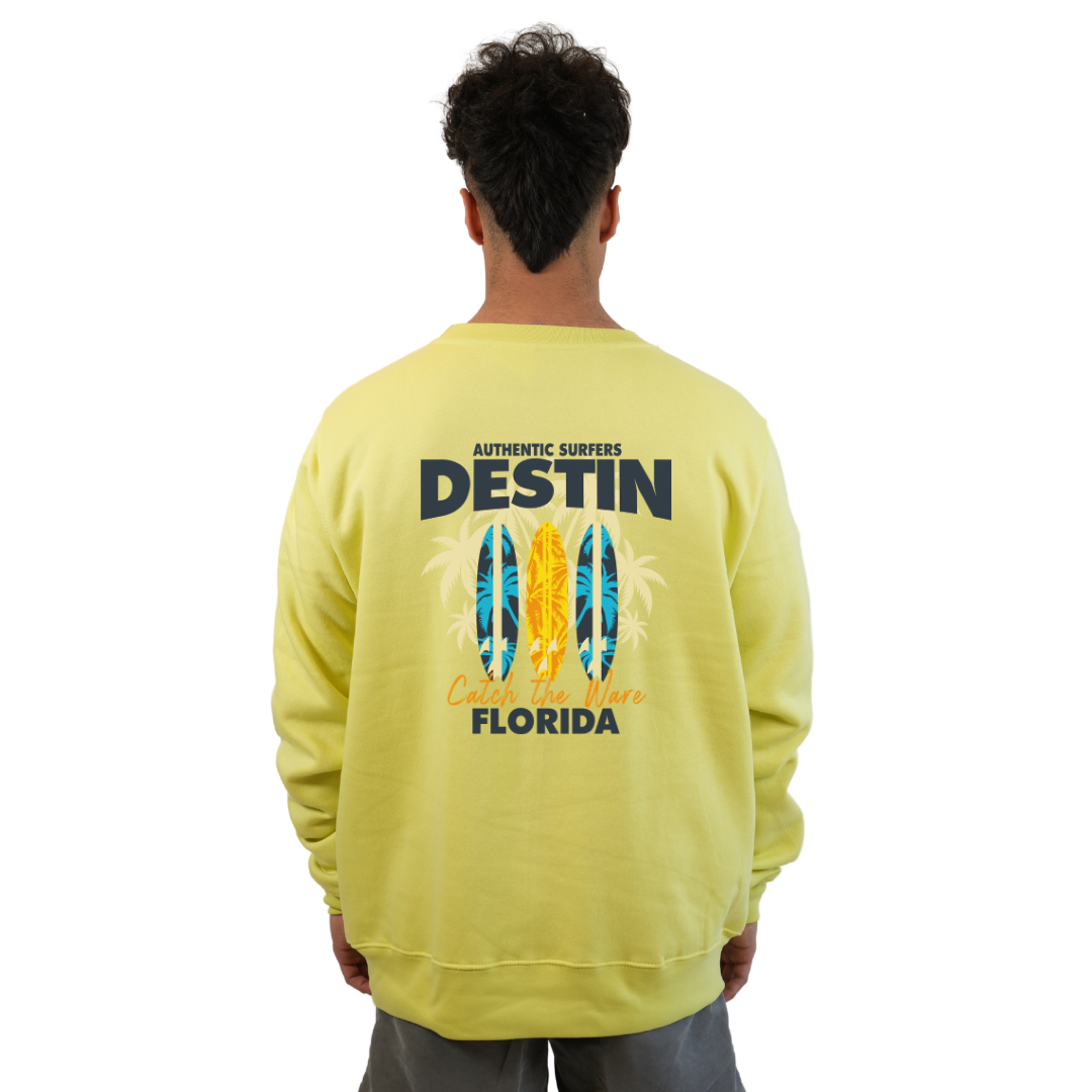 Destin Fl. Fleece Crewneck Sweatshirt Men with a Front Pocket Design and back big 3 Surf Boards Design Style 067