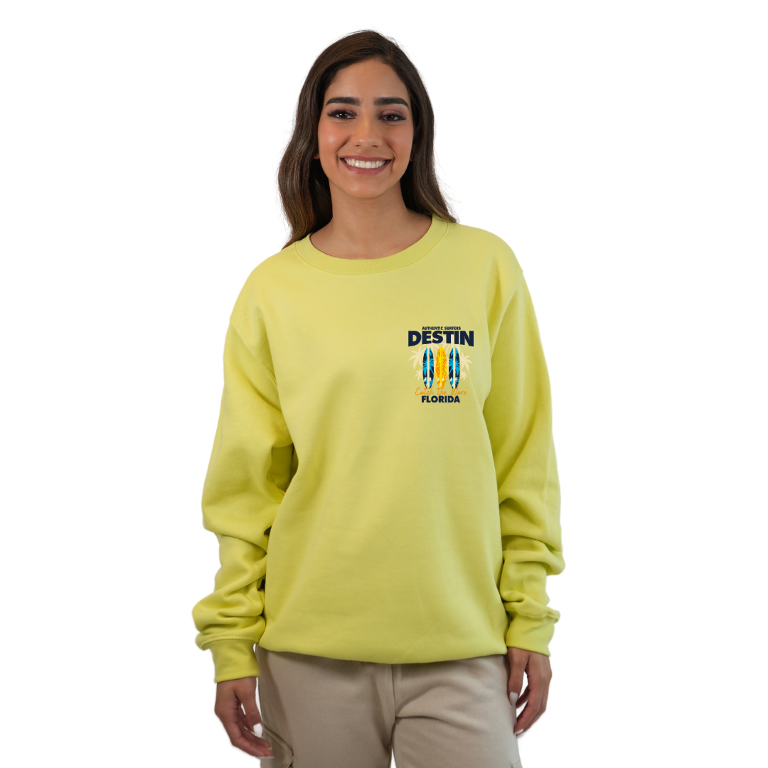 Destin Fl. Fleece Crewneck Sweatshirt Women with a Front Pocket Design and back big 3 Surf Boards Design Style 067