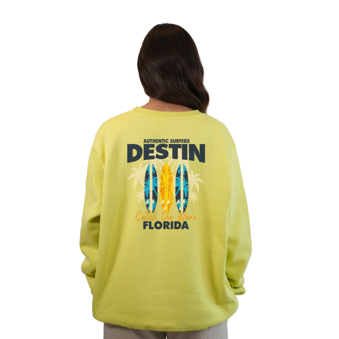 Destin Fl. Fleece Crewneck Sweatshirt Women with a Front Pocket Design and back big 3 Surf Boards Design Style 067