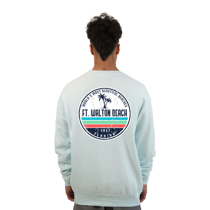 Ft. Walton Beach Fleece Crewneck Sweatshirt Men  a Front Pocket and back big circle 2 Palm Trees 1915 Design Style 067