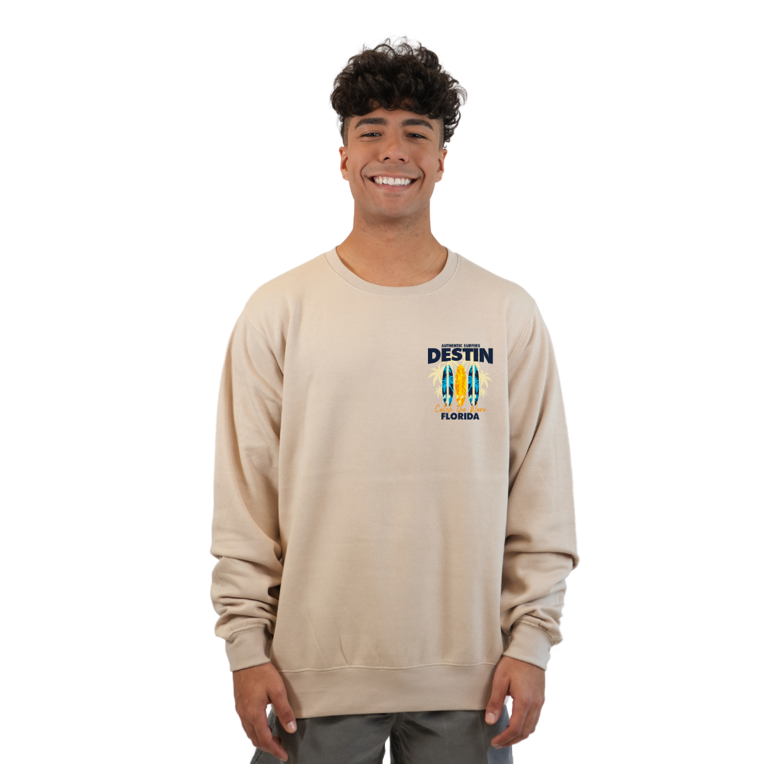 Destin Fl. Fleece Crewneck Sweatshirt Men with a Front Pocket Design and back big 3 Surf Boards Design Style 067