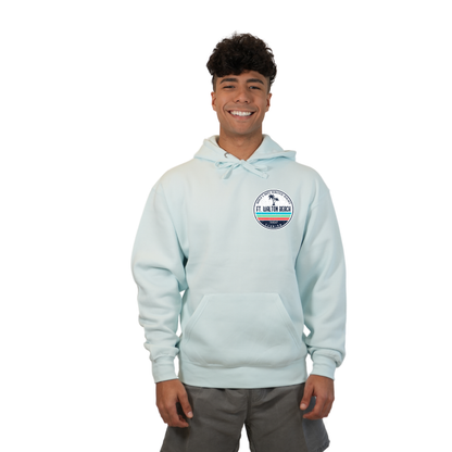 Ft. Walton Beach Pullover Hoodie Men with a a Front Pocket and back big circle 2 Palm Trees 1915 Design Style 252