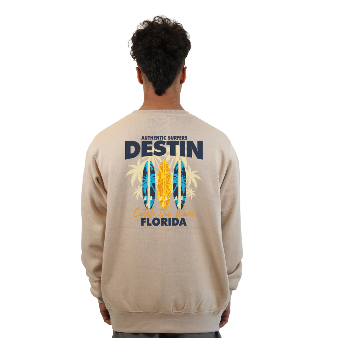 Destin Fl. Fleece Crewneck Sweatshirt Men with a Front Pocket Design and back big 3 Surf Boards Design Style 067