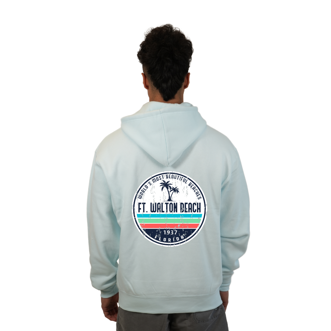 Ft. Walton Beach Pullover Hoodie Men with a a Front Pocket and back big circle 2 Palm Trees 1915 Design Style 252