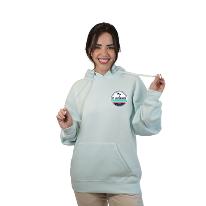 Ft. Walton Beach Pullover Hoodie Women with a a Front Pocket and back big circle 2 Palm Trees 1915 Design Style 252