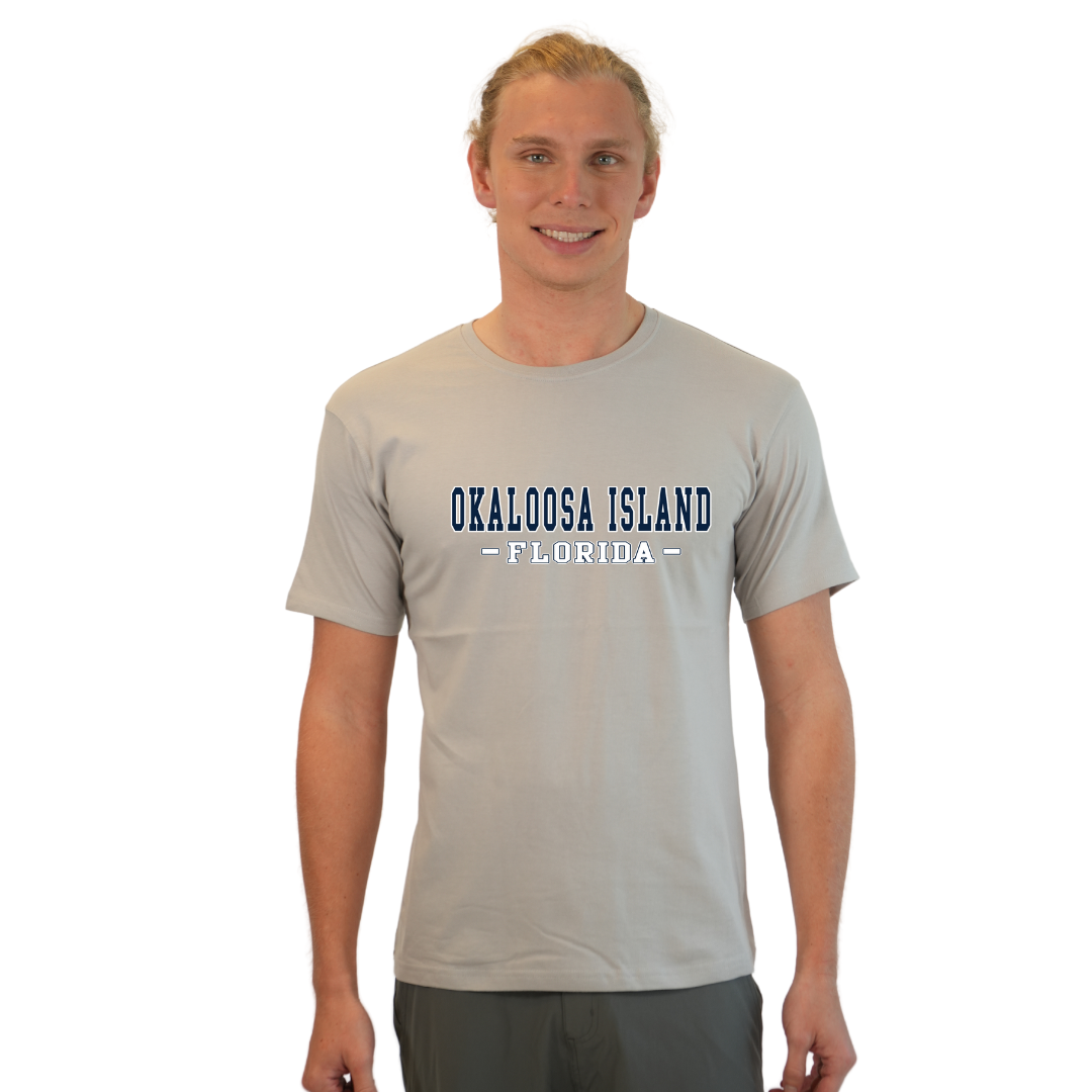 Okaloosa Island T-Shirt  Combed Cotton Men  with Navy City Name Front Design Style CC1000